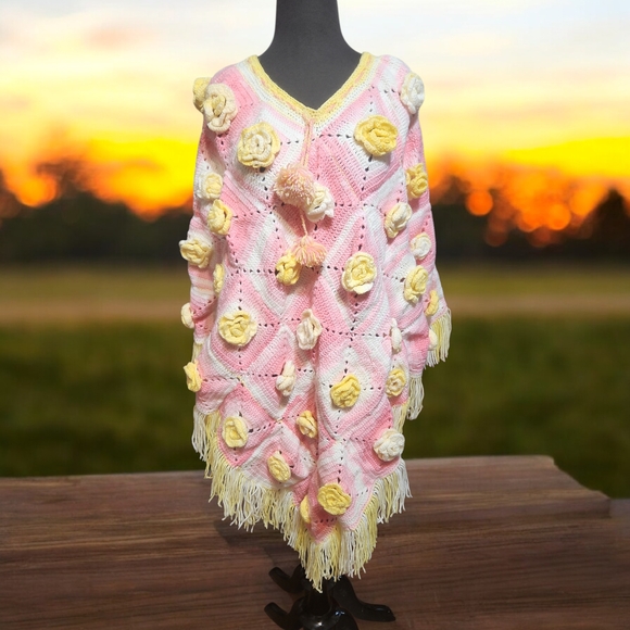 None Sweaters - Pink and Yellow Floral Poncho